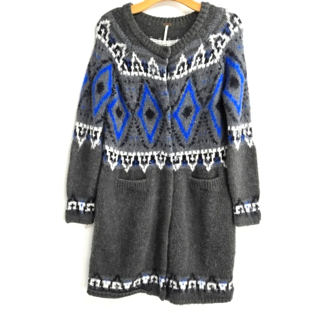Free People Frosted Fair Isle Gray‎ Blue Cardigan Sweater